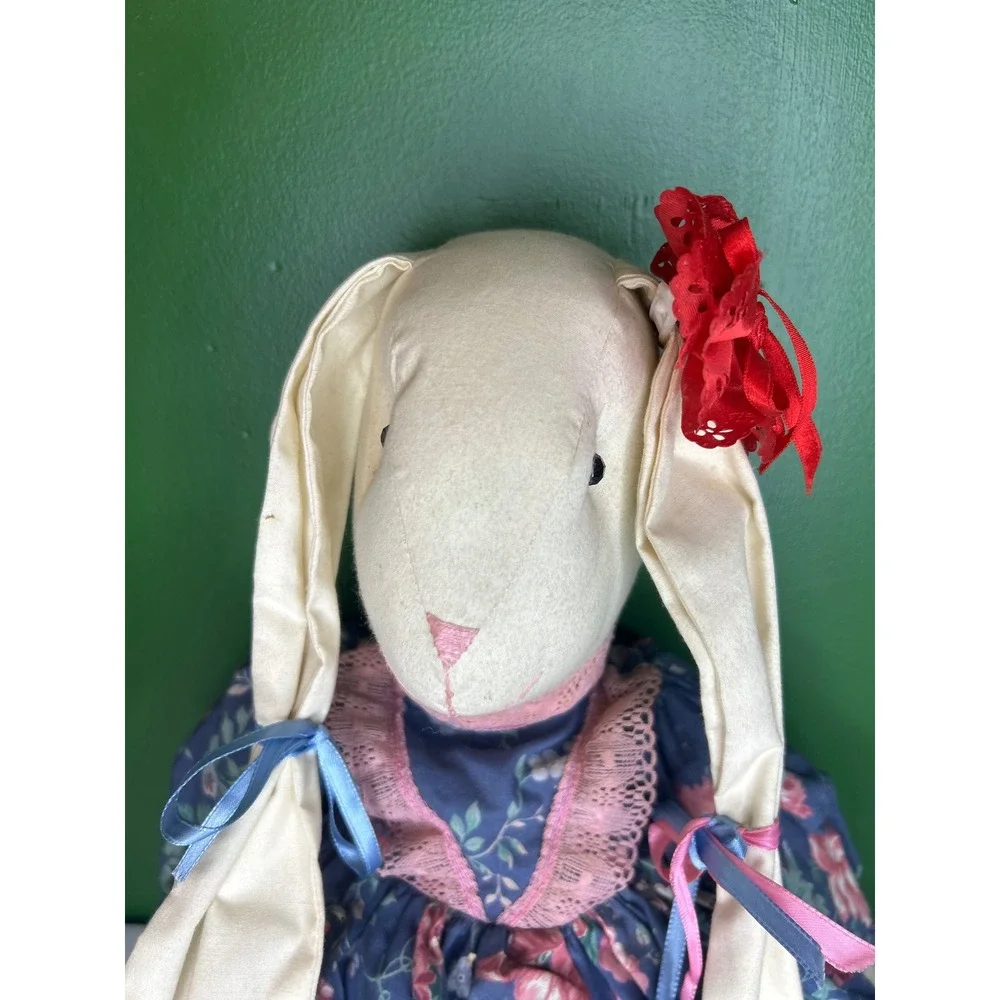 Vintage Handmade Cloth Rabbit Doll Floral Dress Lace Bloomers Primitive 22 Inch